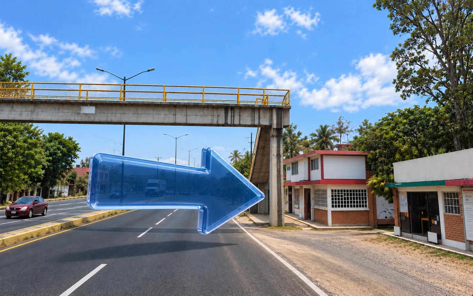 Carretera federal Xalapa–Veracruz con el puente peatonal; la flecha señala la entrada de la notaría